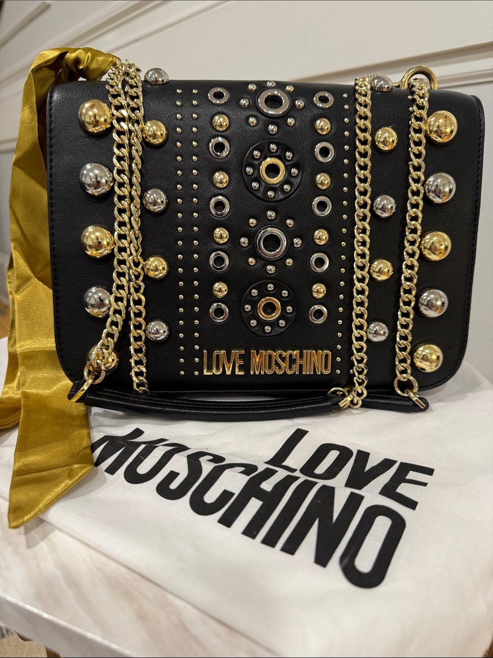 Love Moschino Bag Black Studded Chain Crossbody Shoulder Bag with Gold Accents - Picture 4 of 17